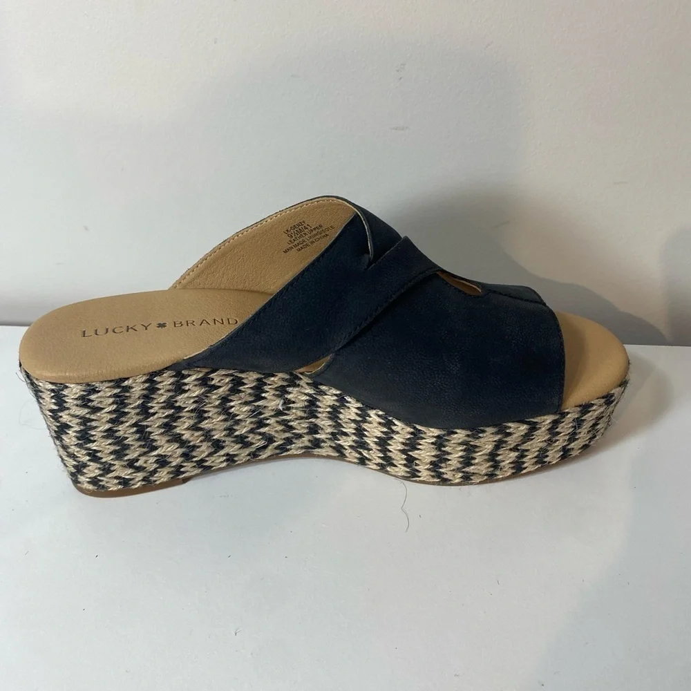 Lucky Brand‎  Black Wedge Heel Platform Leather Sandals Size 9.5 vacation